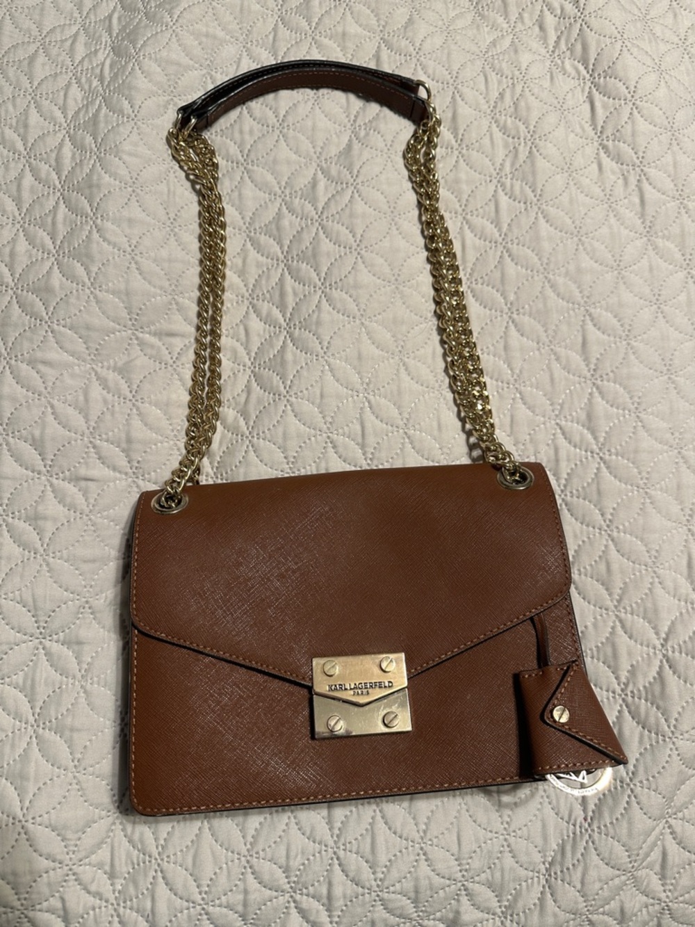 Karl Lagerfeld Brown Saffiano Leather Chain Crossbody Bag